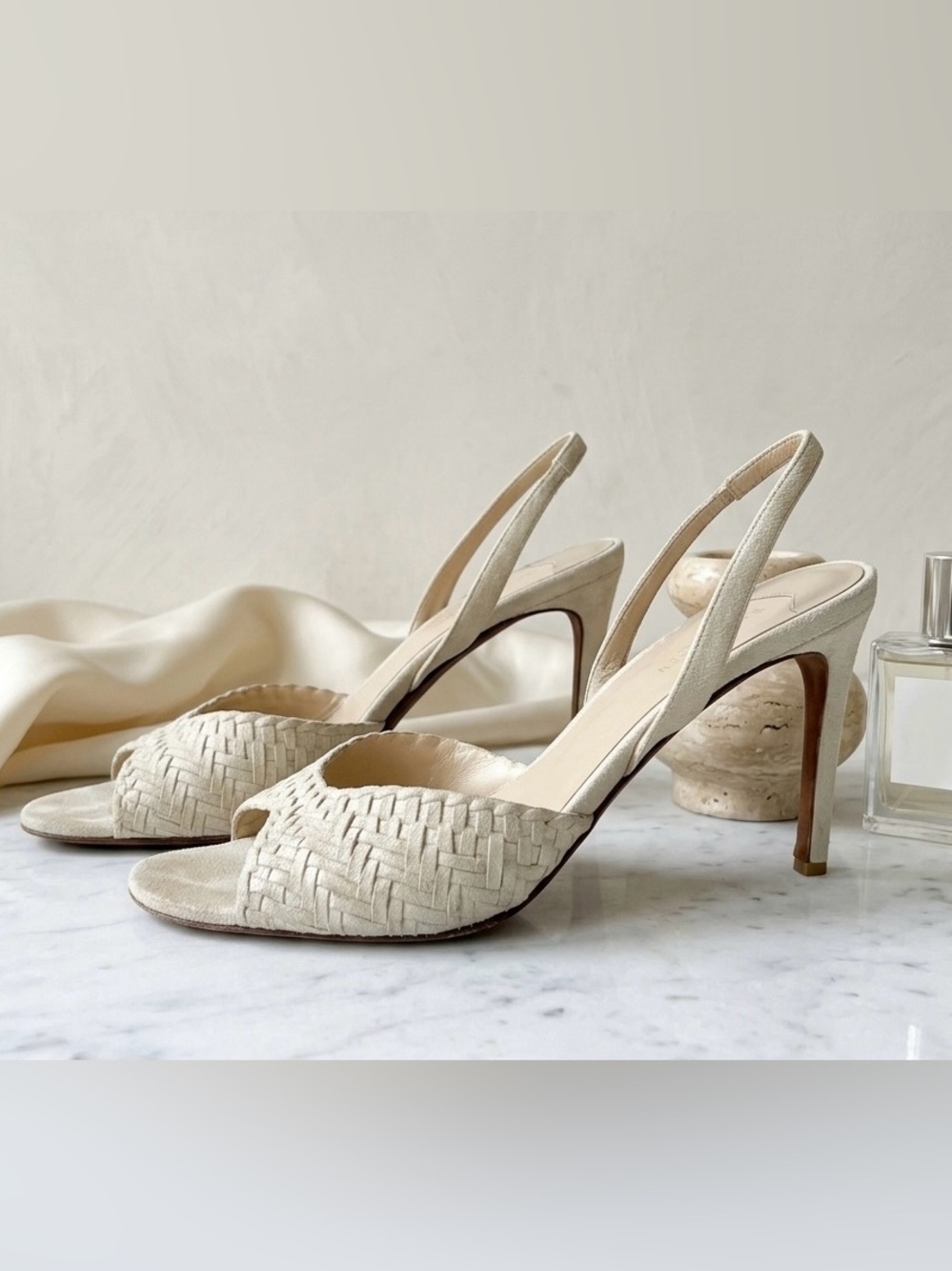 Ralph Lauren Woven Suede Slingback Pumps Pearl Cream Peep Toe Stiletto Heels 8B